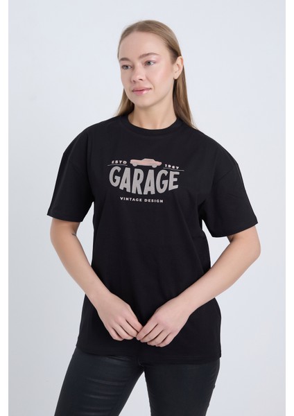 Kadın Oversize Baskılı T-Shirt Siyah Garage modelleri