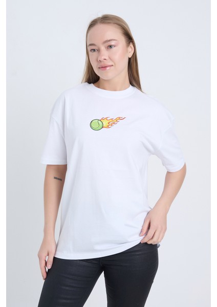 Kadın Oversize Baskılı T-Shirt Beyaz Hot Tennis