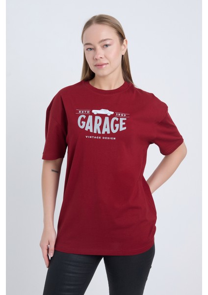 Kadın Oversize Baskılı T-Shirt Bordo Garage