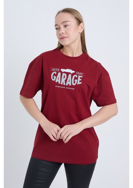 Kadın Oversize Baskılı T-Shirt Bordo Garage