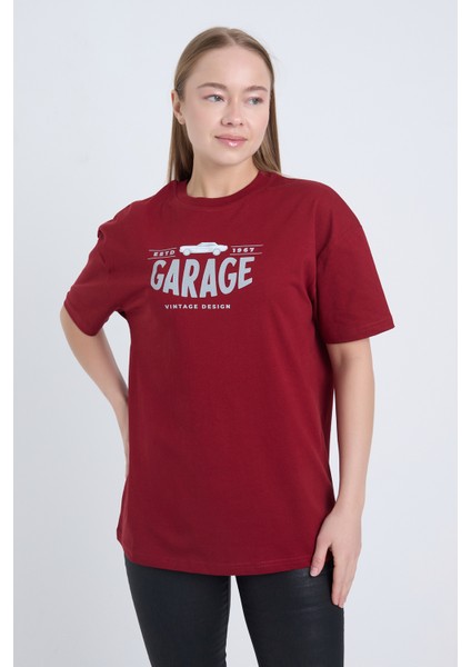 Kadın Oversize Baskılı T-Shirt Bordo Garage