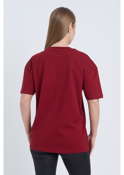 Kadın Oversize Baskılı T-Shirt Bordo Garage