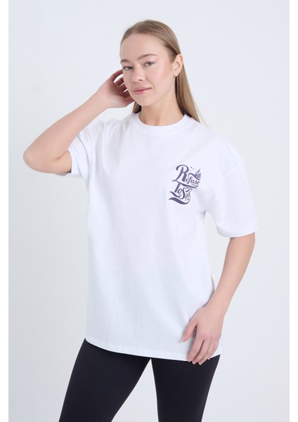Kadın Oversize Baskılı T-Shirt Beyaz Refuse To Sink