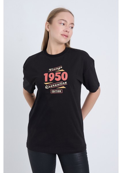 Kadın Oversize Baskılı T-Shirt Siyah Vintage 1950