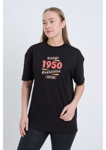 Kadın Oversize Baskılı T-Shirt Siyah Vintage 1950 modelleri
