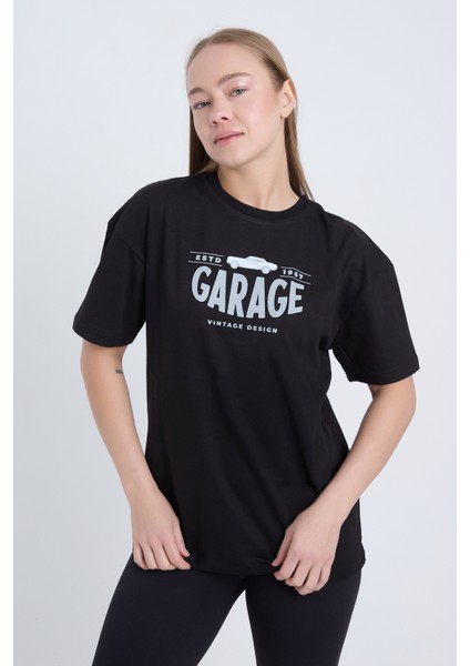 Kadın Oversize Baskılı T-Shirt Siyah Garage 1967