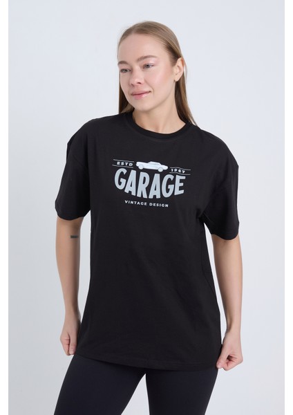 Kadın Oversize Baskılı T-Shirt Siyah Garage 1967