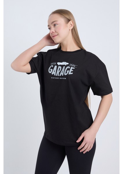 Kadın Oversize Baskılı T-Shirt Siyah Garage 1967