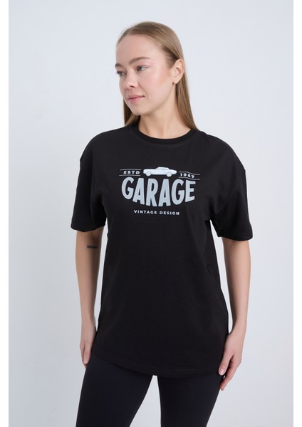 Kadın Oversize Baskılı T-Shirt Siyah Garage 1967