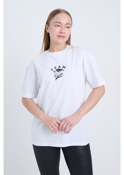 Kadın Oversize Baskılı T-Shirt Beyaz Team