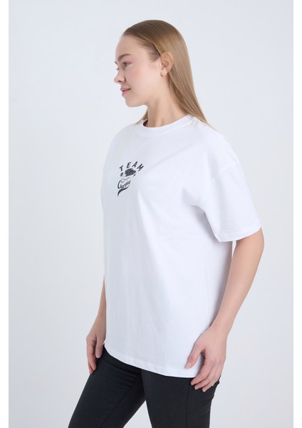 Kadın Oversize Baskılı T-Shirt Beyaz Team indirimleri