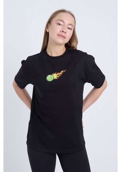 Kadın Oversize Baskılı T-Shirt Siyah Hot Tennis