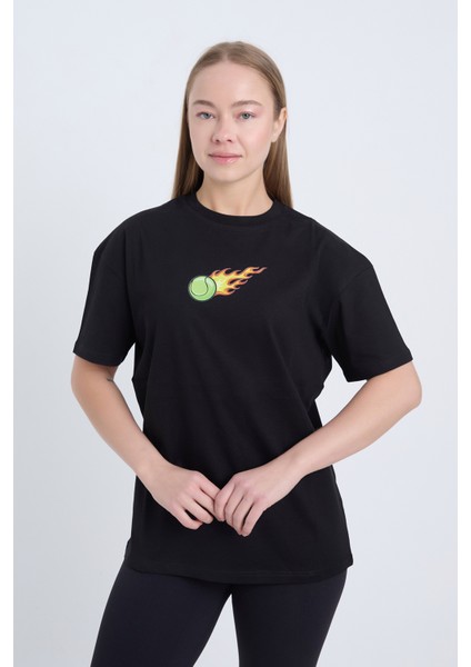 Kadın Oversize Baskılı T-Shirt Siyah Hot Tennis modelleri