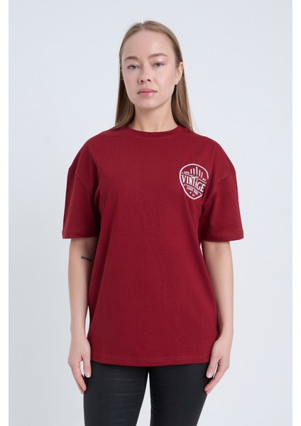 Kadın Oversize Baskılı T-Shirt Bordo Vintage fırsatları