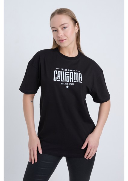 Kadın Oversize Baskılı T-Shirt Siyah California