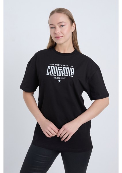 Kadın Oversize Baskılı T-Shirt Siyah California modelleri
