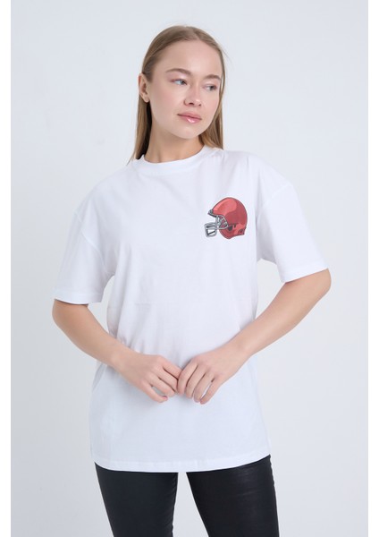 Kadın Oversize Baskılı T-Shirt Beyaz Football Helmet