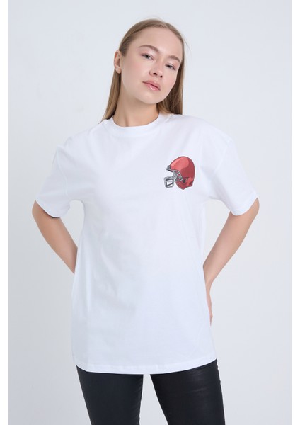 Kadın Oversize Baskılı T-Shirt Beyaz Football Helmet modelleri