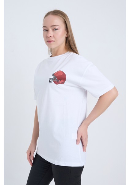 Kadın Oversize Baskılı T-Shirt Beyaz Football Helmet indirimleri