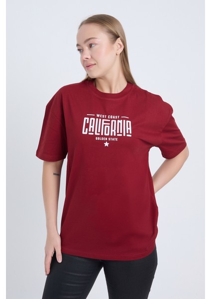 Kadın Oversize Baskılı T-Shirt Bordo California