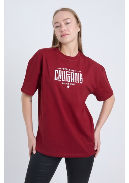 Kadın Oversize Baskılı T-Shirt Bordo California fiyatları