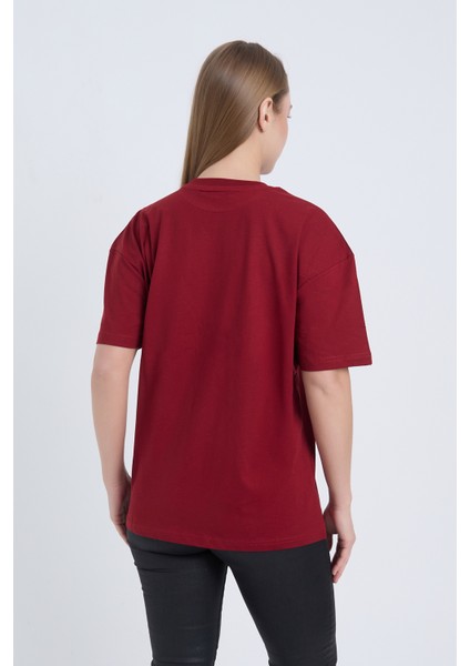 Kadın Oversize Baskılı T-Shirt Bordo California indirimleri