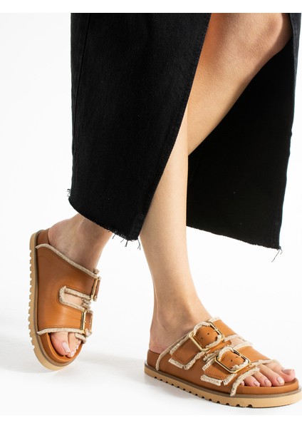 Magnetti Hakiki Deri Çift Tokali Coconat Terlik