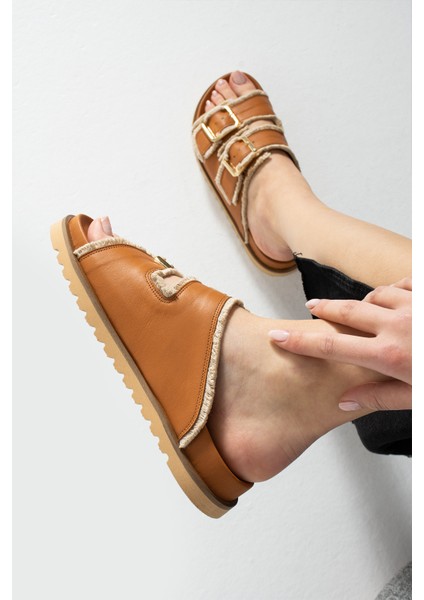 Magnetti Hakiki Deri Çift Tokali Coconat Terlik modelleri