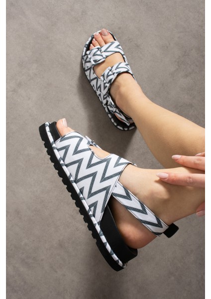 Madidi Hakiki Deri Çift Tokalı Beyaz Siyah Sandalet modelleri