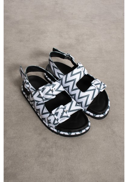 Madidi Hakiki Deri Çift Tokalı Beyaz Siyah Sandalet indirimleri