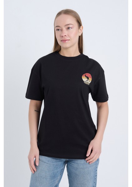 Kadın Oversize Baskılı T-Shirt Siyah Kangaroo