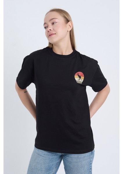 Kadın Oversize Baskılı T-Shirt Siyah Kangaroo