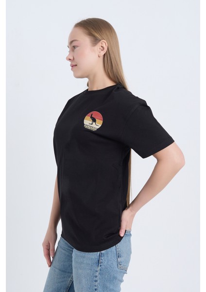 Kadın Oversize Baskılı T-Shirt Siyah Kangaroo