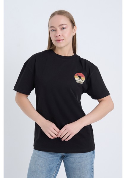Kadın Oversize Baskılı T-Shirt Siyah Kangaroo