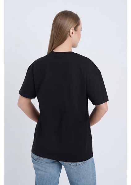 Kadın Oversize Baskılı T-Shirt Siyah Kangaroo