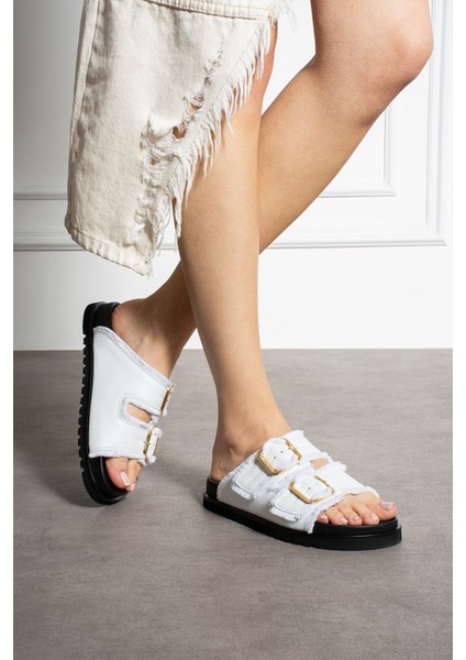 Magnetti Hakiki Deri Çift Tokali Beyaz Terlik