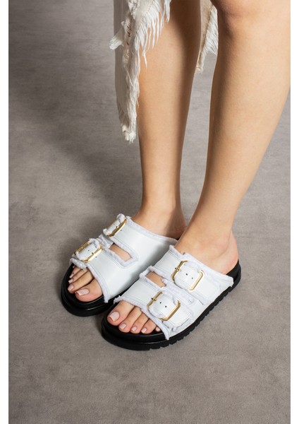 Magnetti Hakiki Deri Çift Tokali Beyaz Terlik fiyatları