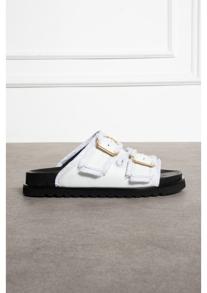 Magnetti Hakiki Deri Çift Tokali Beyaz Terlik fırsatları