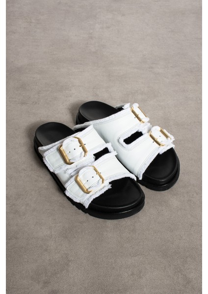 Magnetti Hakiki Deri Çift Tokali Beyaz Terlik indirimleri