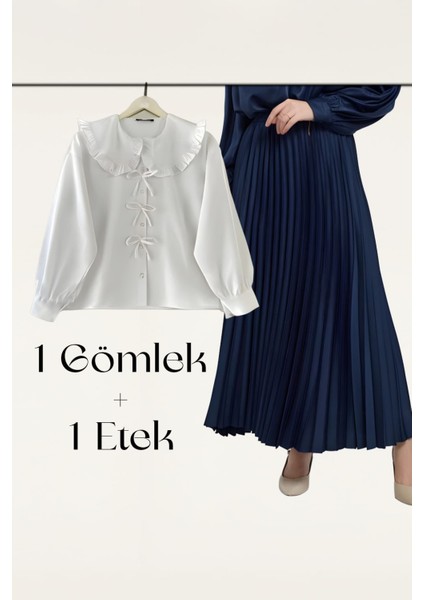 Fiyonk Detay Gömlek Pilise Deri Görünümlü Etek Takım