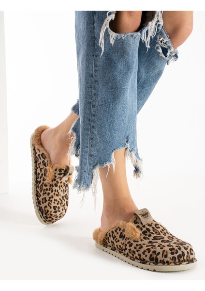 Savora Kadın Kumaş Peluş Bağcıksız Siyah Leopar Terlik
