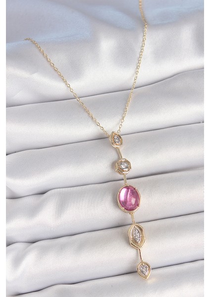 Pirinç Zincir Gold Renk Pembe Zirkon Taşlı Y Kolye