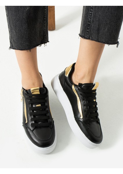 Flexicharm Kadin Hakiki Deri Bagcikli Siyah Rose Gold Sneaker