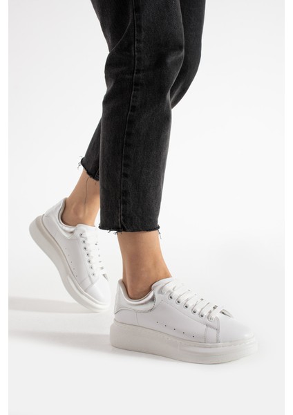 Guinas Kadin Hakiki Deri Bagcikli Beyaz Gümüs Sneaker