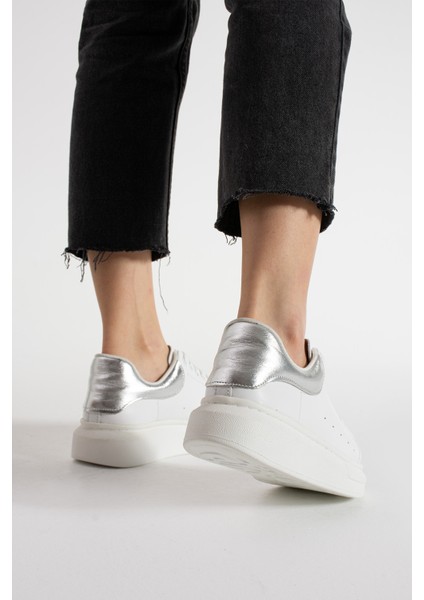 Guinas Kadin Hakiki Deri Bagcikli Beyaz Gümüs Sneaker