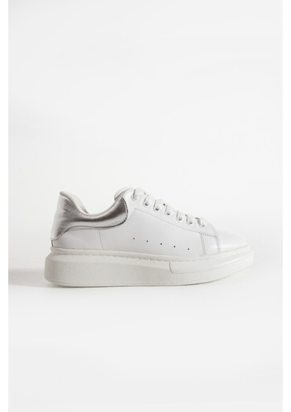Guinas Kadin Hakiki Deri Bagcikli Beyaz Gümüs Sneaker