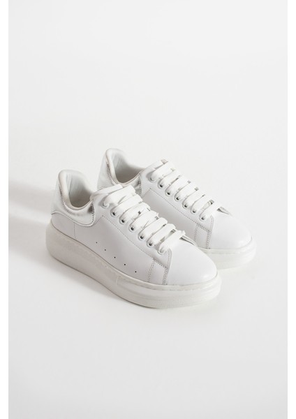 Guinas Kadin Hakiki Deri Bagcikli Beyaz Gümüs Sneaker