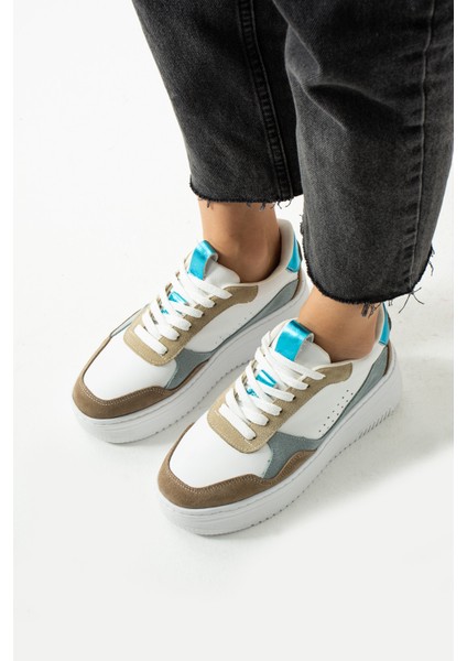 Bilma Kadin Hakiki Deri Bagcikli Mavi Beyaz Sneaker modelleri