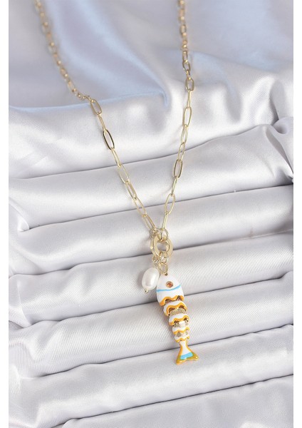 Inci Detaylı Zirkon Taşlı Beyaz Balık Figürlü Gold Renk Pirinç Kolye fiyatları