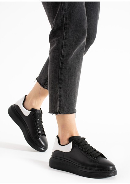 Guinas Kadin Hakiki Deri Bagcikli Siyah Beyaz Sneaker